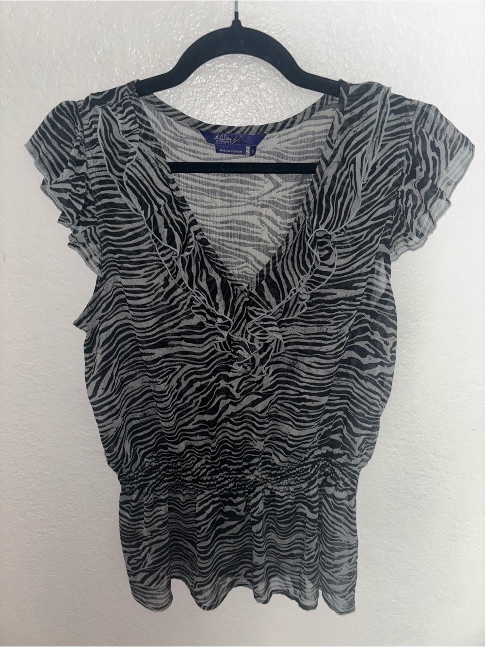 Miley Cyrus Black & Gray Zebra Print Ruffle V-Neck Women's Top